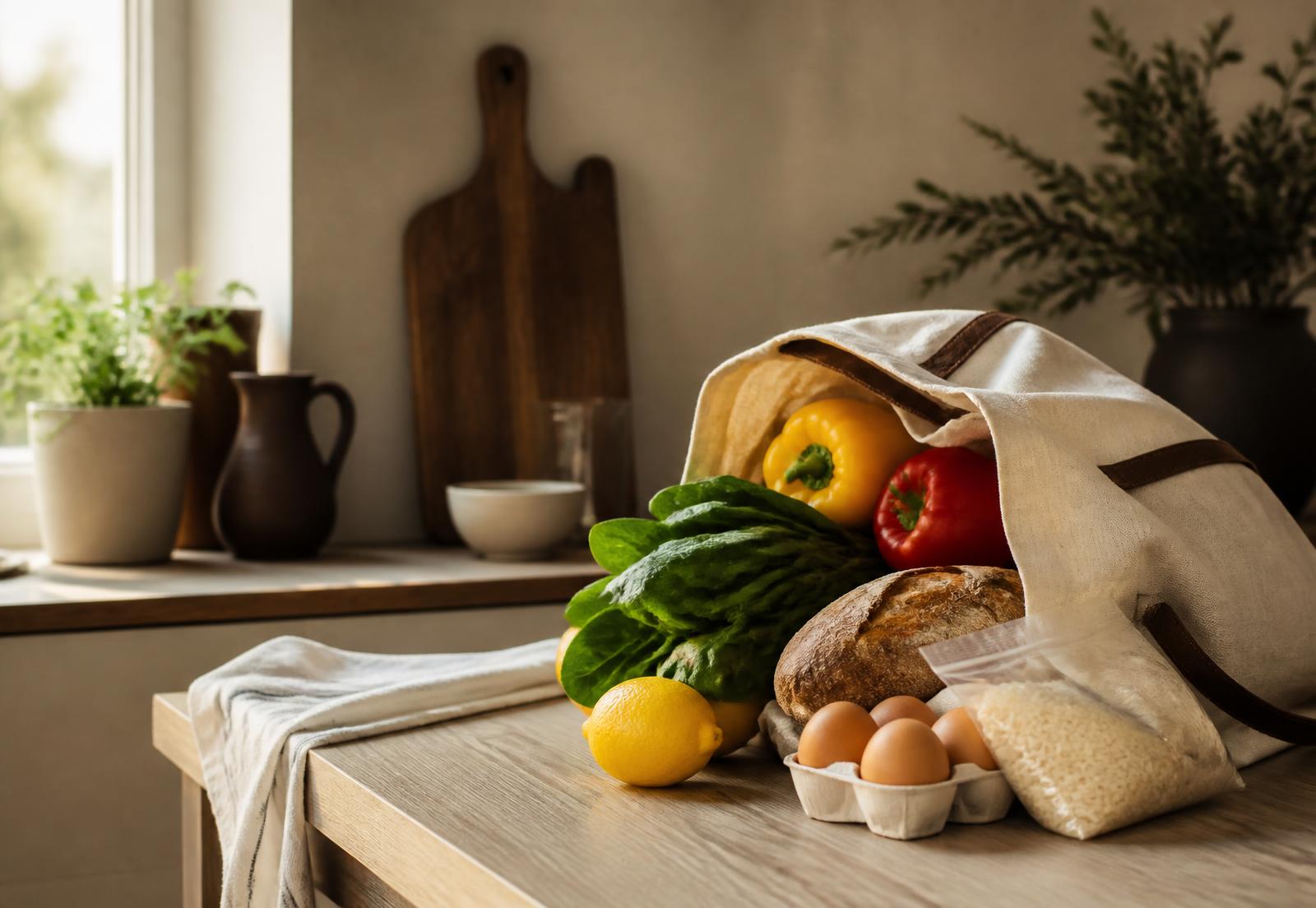 A linen grocery tote of fresh produce, bread and eggs on a warm kitchen counter